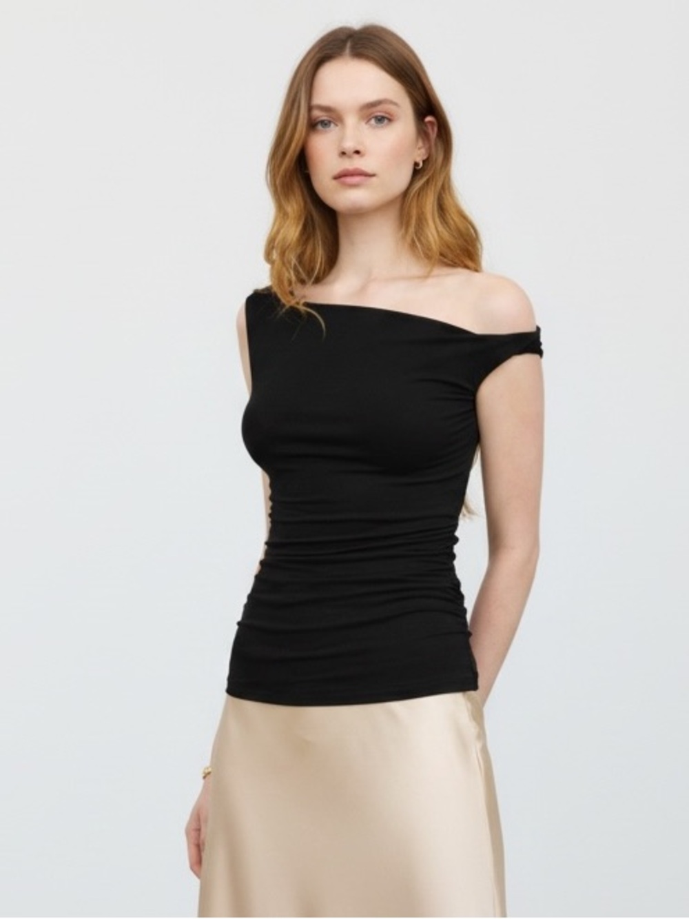 1382 • Black Stretch Asymmetrical One Shoulder Ruched Sides Stretch Top